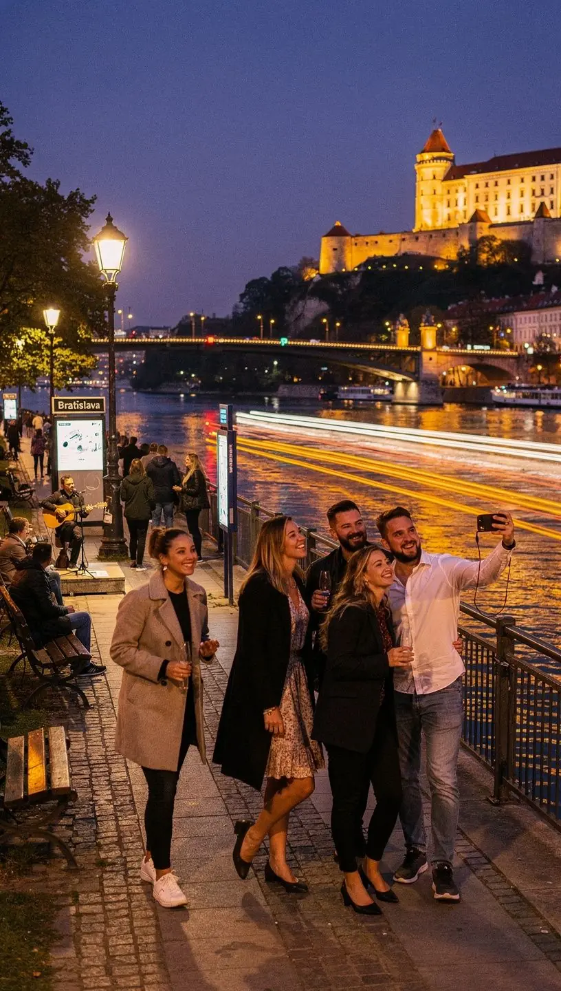A picturesque sunrise over the Danube River with a vibrant city skyline.